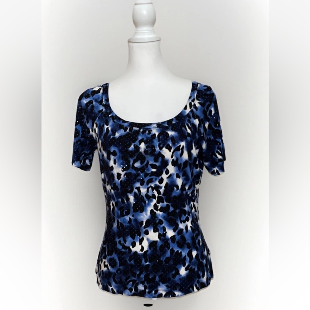 St. John Blue White Black Scoop Neck Short Sleeve Knit Top
